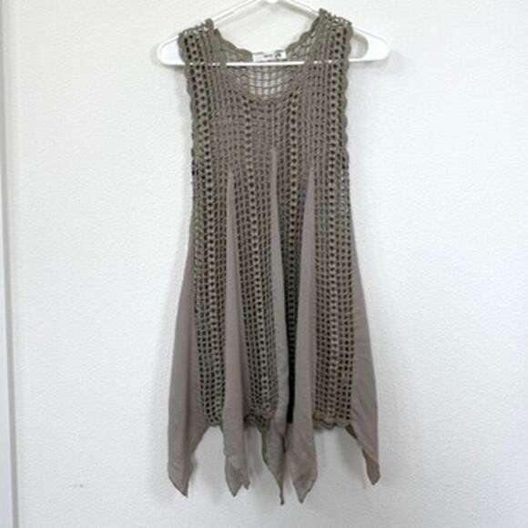Mak B Taupe Crochet Knit Boho Handkerchief Hem Tunic Top S Festival Layering - Picture 1 of 6